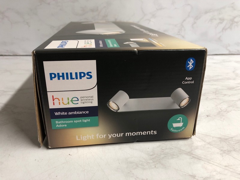 Lot 18  
            Nottingham SR5 - Delivery Only 

                
PHILIPS HUE WHITE AMBIANCE BATHROOM SPOT LIGHT ADORE