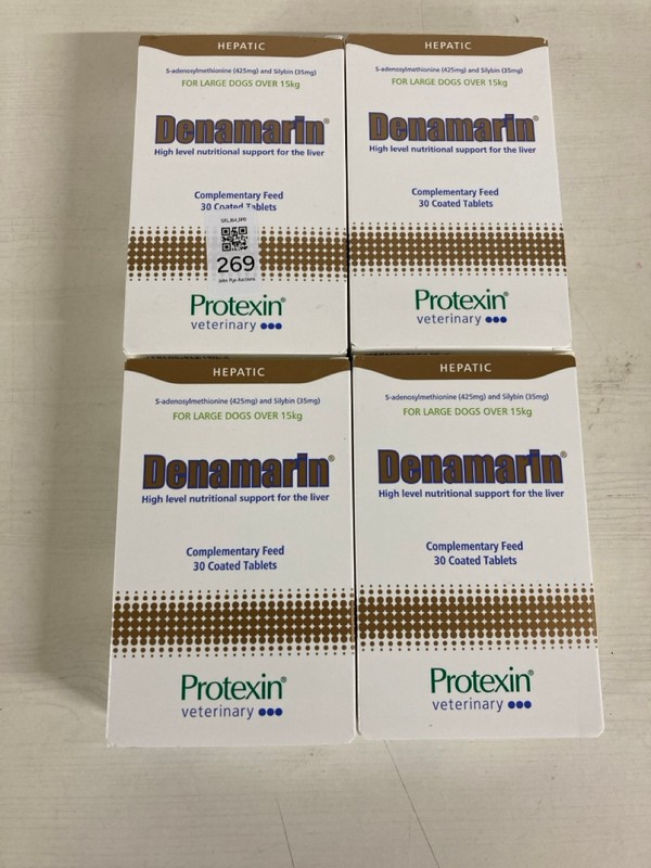 Lot 269  
            Nottingham SR5 - Delivery Only 

                
4 X PROTEXIN VETERINARY DENAMARIN HIGH LEVEL SUPPORT FOR THE LIVER FOR LARGE DOGS