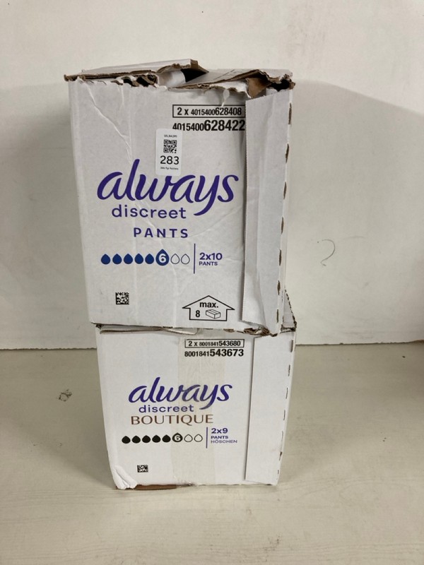 Lot 283  
            Nottingham SR5 - Delivery Only 

                
2 X ALWAYS DISCREET BOUTIQUE PANTS