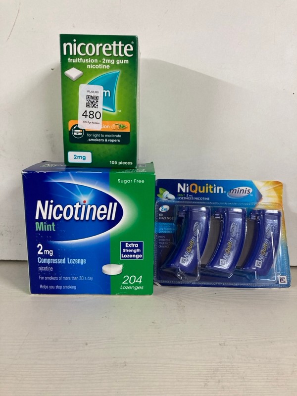 Lot 480  
            Nottingham SR5 - Delivery Only 

                
3 X VARIOUS ITEMS TO INC NICORETTE 2MG GUM NICOTINE 18+ ID REQUIRED