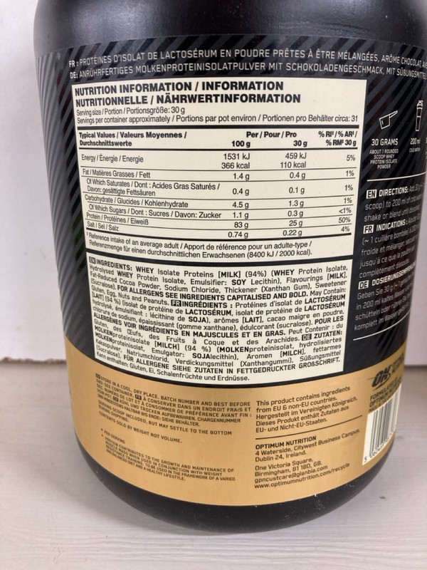 Lot 505  
            Nottingham SR5 - Delivery Only 

                
2 X VARIOUS PROTEIN POWDER TO INC OPTIMUM NUTRION GOLD STANDARD CHOCOLATE PROTEIN... - Image 3