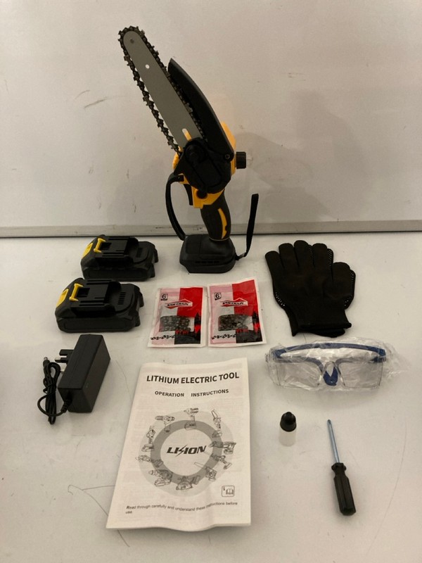 Lot 112  
            Nottingham SR7 – Delivery Only 

                
6-INCH MINI CORDLESS CHAINSAW MODEL: DJ01 (WITH BATTERIES AND CHARGER) (18+ ID MA...