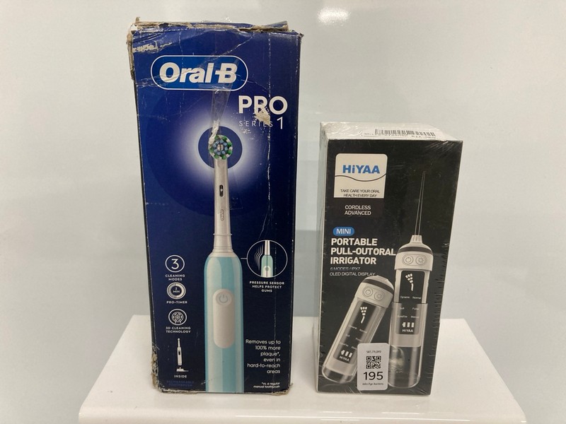 Lot 195  
            Nottingham SR7 – Delivery Only 

                
2 X TEETH CLEANING ITEMS INC ORAL-B PRO SERIES 1 ELECTRIC TOOTHBRUSH