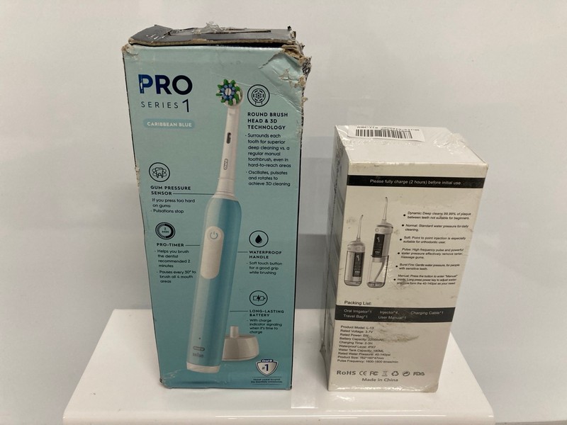 Lot 195  
            Nottingham SR7 – Delivery Only 

                
2 X TEETH CLEANING ITEMS INC ORAL-B PRO SERIES 1 ELECTRIC TOOTHBRUSH