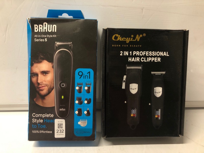 Lot 232  
            Nottingham SR7 – Delivery Only 

                
2 X MEN'S SHAVERS INC BRAUN ALL IN ONE SERIES 5 STYLE KIT (18+ ID MAY BE REQUIRED)