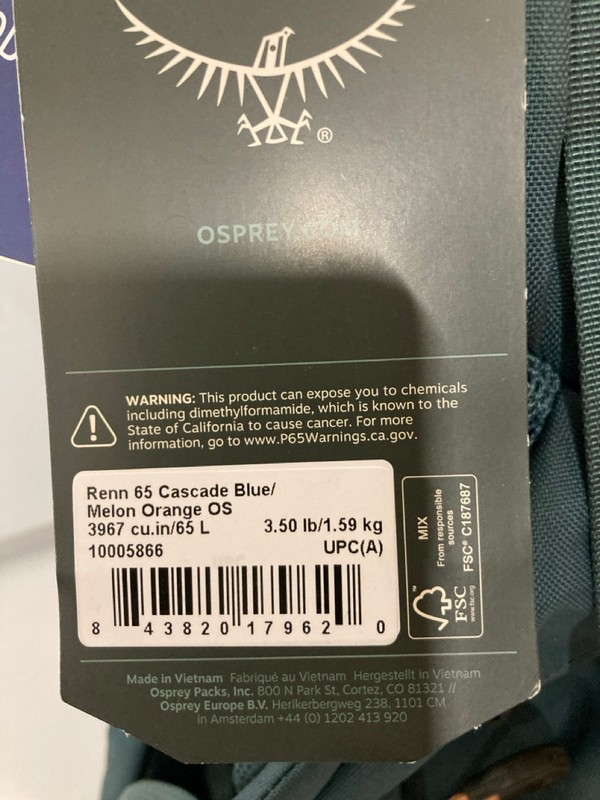 Lot 23  
            Nottingham SR7 – Delivery Only 

                
OSPREY RENN 65L BACKPACKING BACKPACK ORIGINAL RRP £180.00