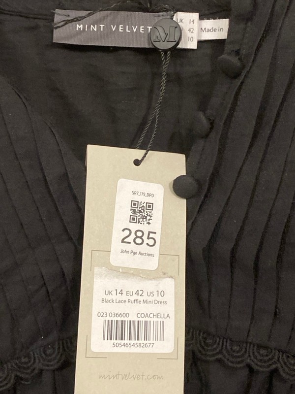 Lot 285  
            Nottingham SR7 – Delivery Only 

                
MINT VELVET BLACK LACE RUFFLE MINI DRESS SIZE: UK 14