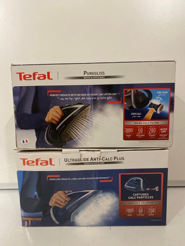 Lot 385  
            Nottingham SR7 – Delivery Only 

                
2 X TEFAL IRONS INC PUREGLISS STEAM IRON