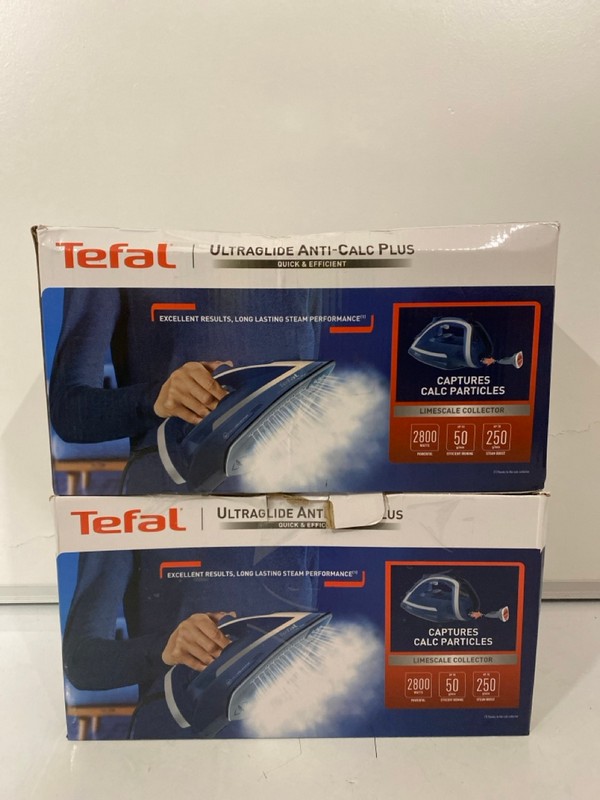 Lot 396  
            Nottingham SR7 – Delivery Only 

                
2 X TEFAL ULTRAGLIDE ANTI-CALC PLUS STEAM IRONS