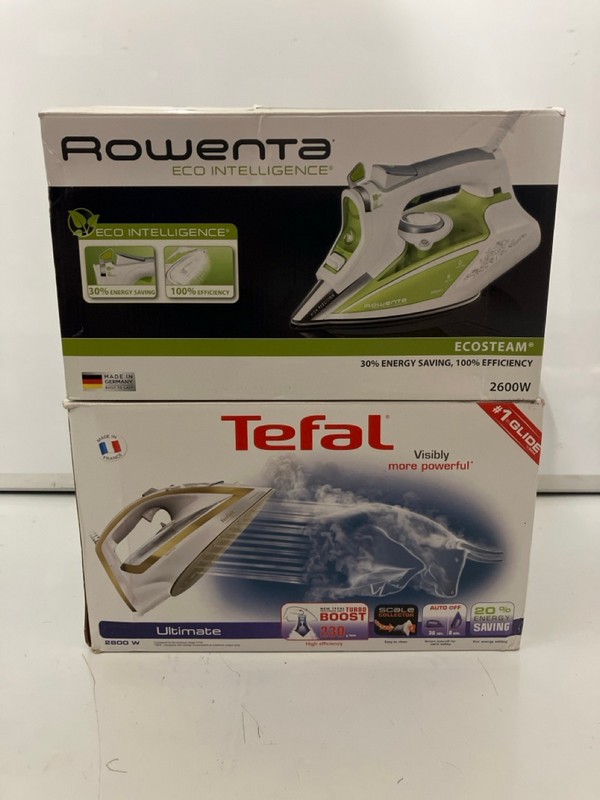 Lot 416  
            Nottingham SR7 – Delivery Only 

                
2 X IRONS INC TEFAL ULTIMATE STEAM IRON