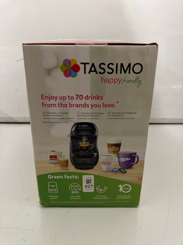 Lot 427  
            Nottingham SR7 – Delivery Only 

                
BOSCH TASSIMO HAPPY FRIENDLY THE ESSENTIAL ONE COFFEE MACHINE (SEALED)