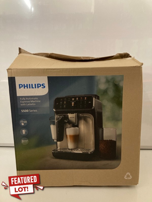 Lot 4  
            Nottingham SR7 – Delivery Only 

                
PHILIPS 5500 SERIES FULLY AUTOMATIC ESPRESSO MACHINE WITH LATTE GO ORIGINAL RRP £...