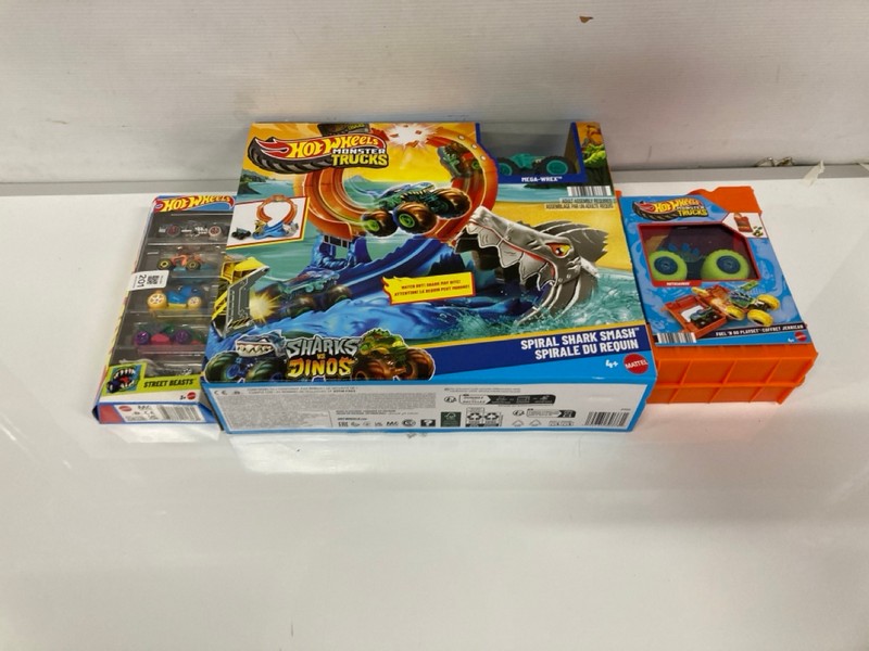 Lot 201  
            Nottingham SR9 - Delivery Only 

                
3 X HOTWHEELS ITEMS INC HOT WHEELS MONSTER TRUCKS SHARKS VS DINOS SPIRAL SHARK SMASH