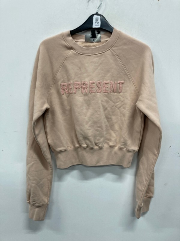 Lot 536  
            Nottingham SR9 - Delivery Only 

                
WOMENS REPRESENT BEIGE LOGO CROPPED CREW NECK JUMPER UK SIZE S
