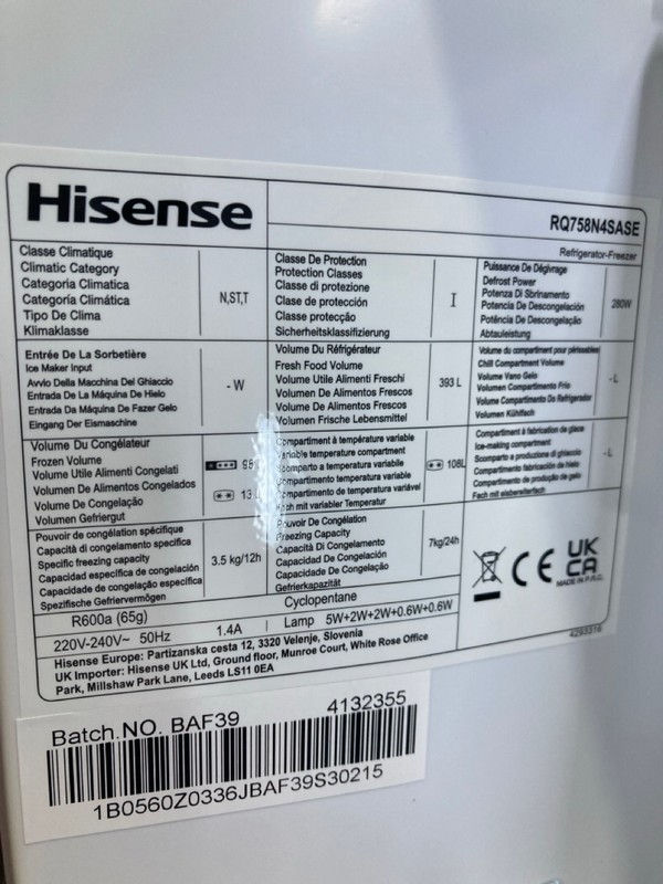 Lot 15  
            Nottingham SR8 - Delivery Or Collection 

                
HISENSE SMART FRIDGE FREEZER. STAINLESS STEEL. MODEL: RQ758N4SASE. ORIGINAL RRP: ... - Image 3