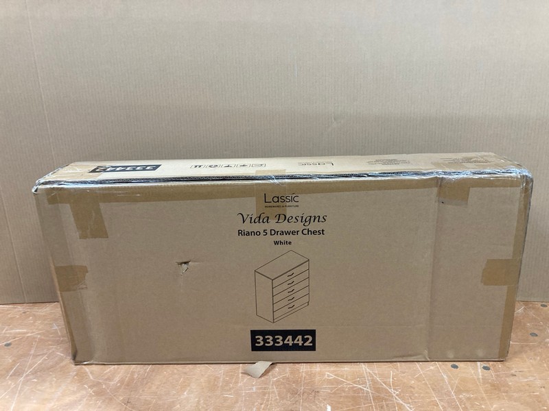 Lot 165  
            Nottingham SR8 - Delivery Or Collection 

                
RIANO 5 DRAWER CHEST IN WHITE