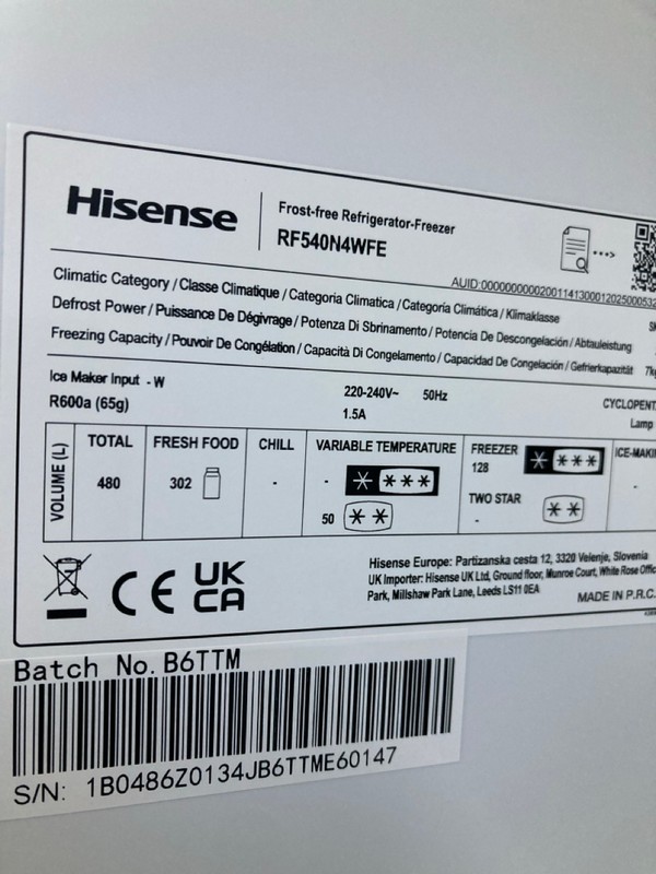 Lot 16  
            Nottingham SR8 - Delivery Or Collection 

                
HISENSE FRIDGE FREEZER. MODEL: RF540N4WFE. ORIGINAL RRP: £899 - Image 3