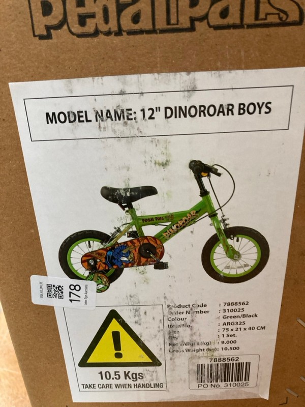 Lot 178  
            Nottingham SR8 - Delivery Or Collection 

                
PEDAL PALS 12" DINOROAR BOYS BIKE