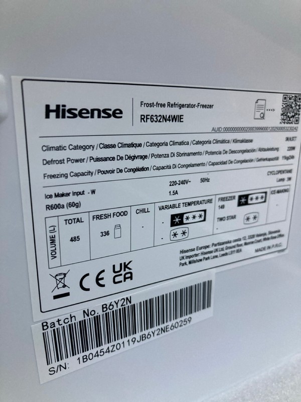 Lot 20  
            Nottingham SR8 - Delivery Or Collection 

                
HISENSE SLIM FRIDGE FREEZER. STAINLESS STEEL. MODEL: RF632N4WIE. ORIGINAL RRP: £699