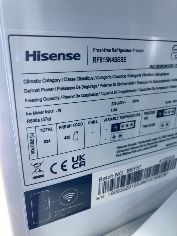 Lot 3  
            Nottingham SR8 - Delivery Or Collection 

                
HISENSE SMART FRIDGE FREEZER. STAINLESS STEEL. MODEL: RF815N4SESE. ORIGINAL RRP: ... - Image 3