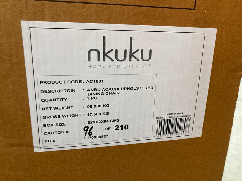 Lot 53  
            Nottingham SR8 - Delivery Or Collection 

                
NKUKU ANBU ACACIA UPHOLSTERED DINING CHAIR