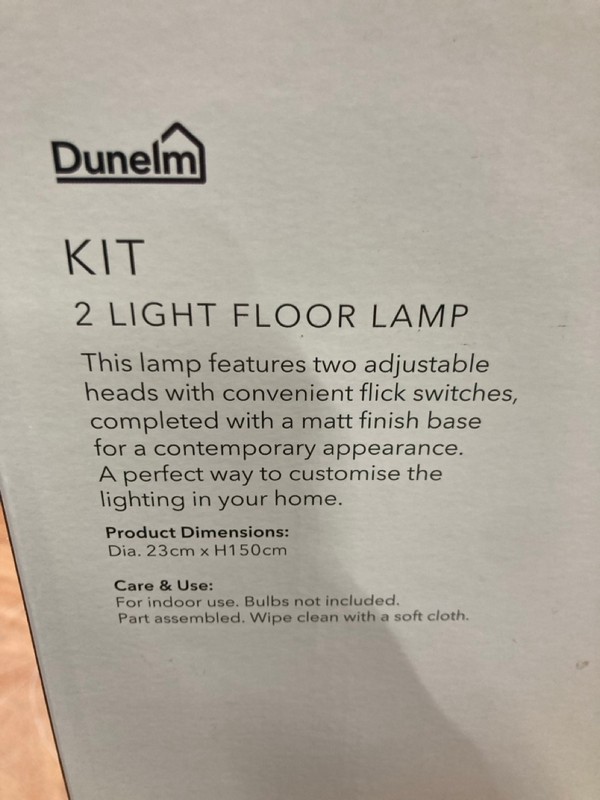 Lot 77  
            Nottingham SR8 - Delivery Or Collection 

                
DUNELM 2 LIGHT FLOOR LAMP