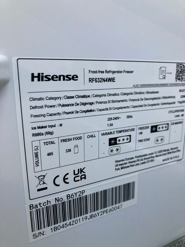 Lot 7  
            Nottingham SR8 - Delivery Or Collection 

                
HISENSE SLIM FRIDGE FREEZER. MODEL: RF632N4WIE. ORIGINAL RRP: £699 - Image 3