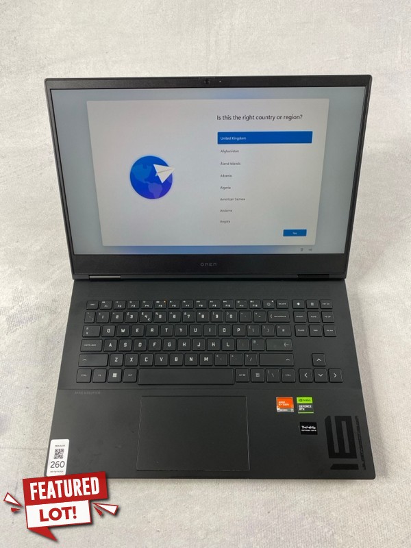 Lot 260  
            Nottingham Prem - Delivery Only 

                
HP OMEN 16-XD0003NA 512GB LAPTOP: MODEL NO TPN-C168 (WITH BOX & AC CHARGER) (POWE...