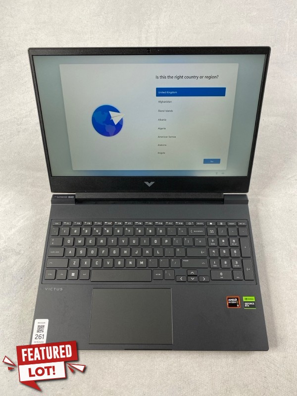 Lot 261  
            Nottingham Prem - Delivery Only 

                
HP VICTUS 15-FB2XXX 512GB LAPTOP. (WITH BOX & AC CHARGER). AMD RYZEN 5, 8GB RAM, ...