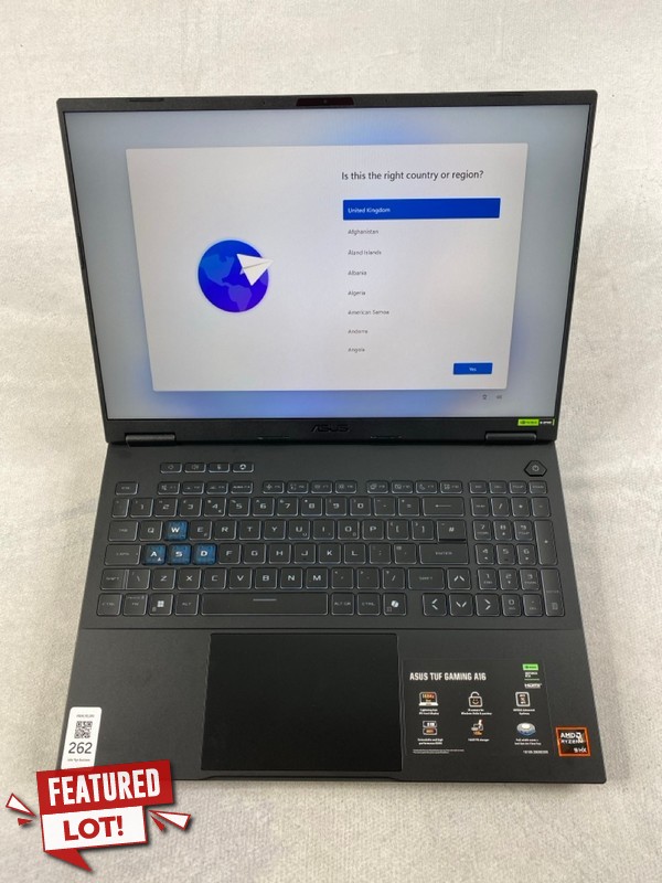 Lot 262  
            Nottingham Prem - Delivery Only 

                
ASUS TUF FA608P 1TB LAPTOP. (WITH BOX & AC CHARGER). AMD R9-8940HX, 16GB RAM,ORIG...