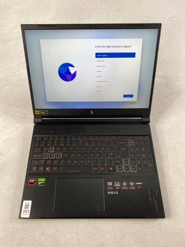 Lot 263  
            Nottingham Prem - Delivery Only 

                
ACER NITRO ANV16-41 512GB LAPTOP. (WITH BOX & AC CHARGER). AMD RYZEN 7, 16GB RAM,...