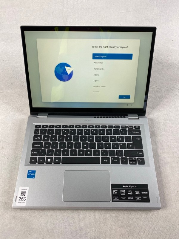 Lot 266  
            Nottingham Prem - Delivery Only 

                
ACER ASPIRE 3 SPIN 14 128GB LAPTOP. (WITH BOX & AC CHARGER). INTEL I3, 8GB RAM,  ...
