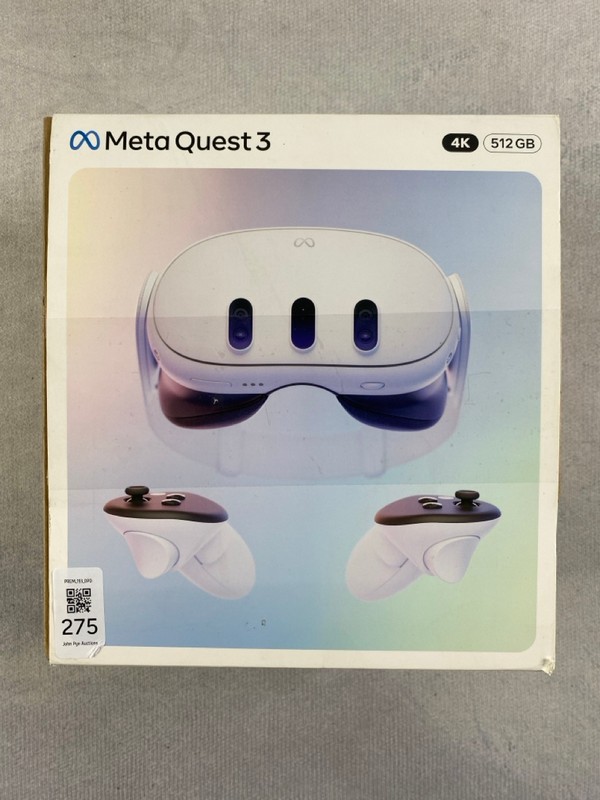 Lot 275  
            Nottingham Prem - Delivery Only 

                
META QUEST 3 (512GB) MIXED REALITY HEADSET. (WITH BOX & ACCESSORIES)  [JPTN48693]