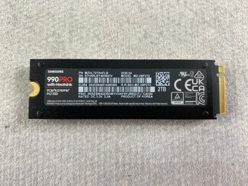 Lot 288  
            Nottingham Prem - Delivery Only 

                
SAMSUNG 990 PRO WITH HEATSINK PCIE 4.0 M.2 NVME SSD. (WITH BOX)  [JPTN48652]