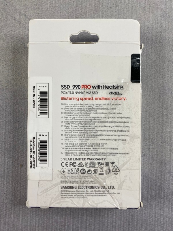 Lot 288  
            Nottingham Prem - Delivery Only 

                
SAMSUNG 990 PRO WITH HEATSINK PCIE 4.0 M.2 NVME SSD. (WITH BOX)  [JPTN48652]