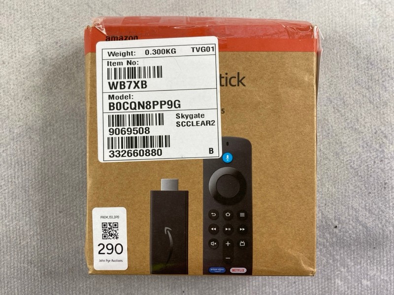 Lot 290  
            Nottingham Prem - Delivery Only 

                
FIRE TV STICK. (WITH BOX & ACCESSORIES)  [JPTN48658]
