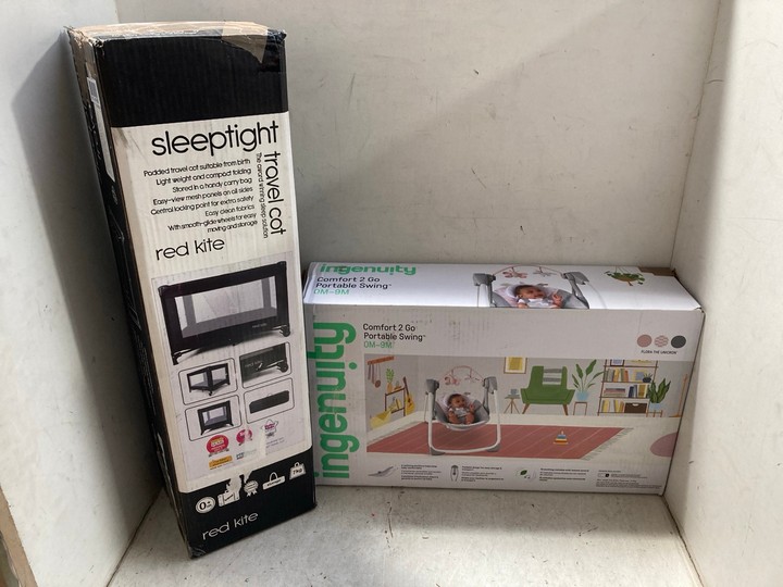 Lot 1077  
            Marchington SR15 - Parcel Delivery Only 

                
INGENUITY COMFORT TO GO PORTABLE SWING TO ALSO INCLUDE RED KITE TRAVEL COT: LOCAT...