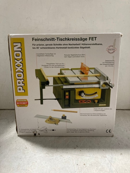 Lot 1107  
            Marchington SR15 - Parcel Delivery Only 

                
PROXXON TABLE SAW FET - ORIGINAL RRP £412 (18+ ID REQUIRED): LOCATION - BR5