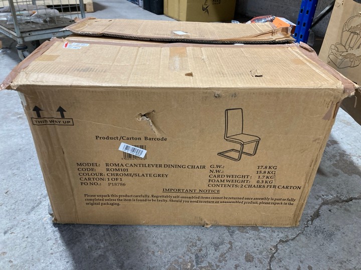 Lot 1128  
            Marchington SR15 - Parcel Delivery Only 

                
ROMA CANTILEVER DINING CHAIR IN CHROME/SLATE GREY: LOCATION - BR6