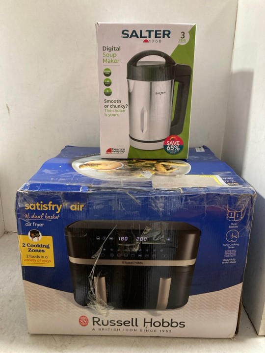 Lot 1133  
            Marchington SR15 - Parcel Delivery Only 

                
SATISFRY AIR 9L DUAL BASKET AIR FRYER TO INCLUDE SALTER DIGITAL SOUP MAKER: LOCAT...