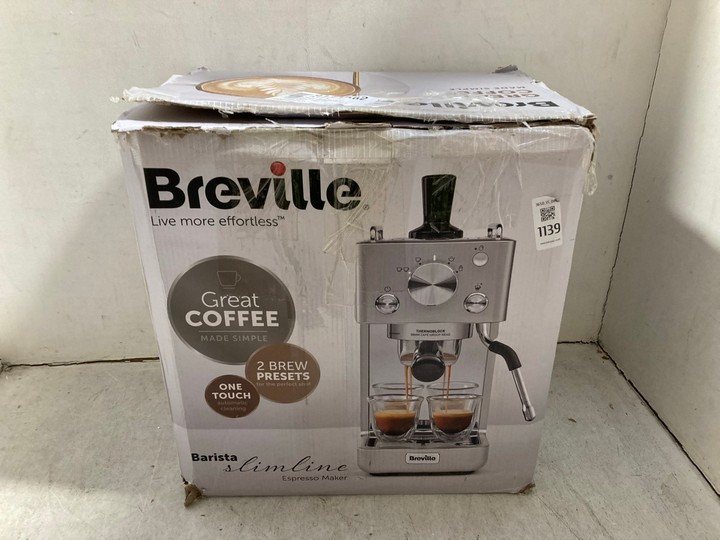 Lot 1139  
            Marchington SR15 - Parcel Delivery Only 

                
BREVILLE BARISTA SLIMLINE COFFEE MACHINE: LOCATION - BR7