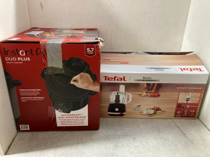 Lot 1148  
            Marchington SR15 - Parcel Delivery Only 

                
INSTANT POT DUO PLUS MULTI COOKER TO INCLUDE TEFAL SOLEIL MULTI FUNCTION FOOD PRO...