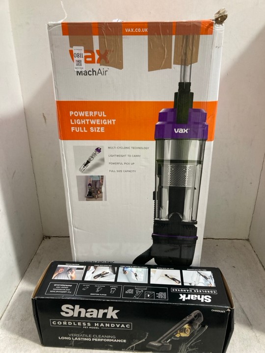 Lot 1180  
            Marchington SR15 - Parcel Delivery Only 

                
VAX MACH AIR UPRIGHT VACUUM CLEANER TO INCLUDE SHARK PET MODEL CORDLESS HAND VAC ...