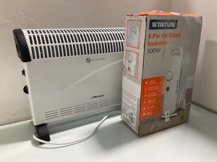 Lot 1202  
            Marchington SR15 - Parcel Delivery Only 

                
STATUS 5 FIN OIL FILLED RADIATOR 500W TO INCLUDE BELECO CONVECTOR HEATER 0: LOCAT...