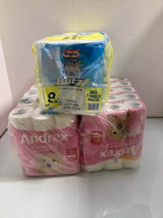 Lot 1229  
            Marchington SR15 - Parcel Delivery Only 

                
QTY OF ASSORTED TOILET & KITCHEN ROLLS TO INCLUDE ANDREX FAMILY SOFT TOILET ROLLS...