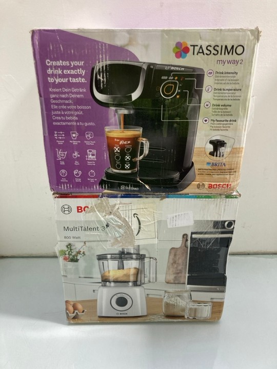 Lot 1235  
            Marchington SR15 - Parcel Delivery Only 

                
BOSCH MULTI TALENT 2.3L FOOD PROCESSOR MODEL: MCM3201BGB TO INCLUDE BOSCH TASSIMO...