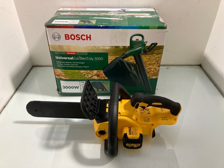 Lot 1239  
            Marchington SR15 - Parcel Delivery Only 

                
BOSCH UNIVERSAL GARDEN TIDY 3000 VACUUM TO INCLUDE DEWALT CORDLESS CHAINSAW MODEL...