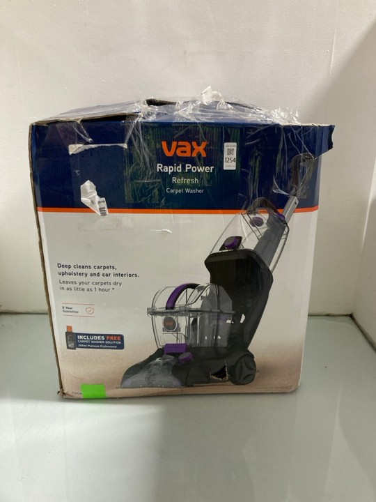 Lot 1254  
            Marchington SR15 - Parcel Delivery Only 

                
VAX RAPID POWER REFRESH CARPET WASHER MODEL: CDCW-RPXR ORIGINAL RRP: £200: LOCATI...