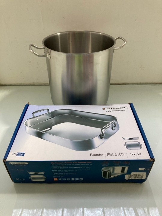Lot 1294  
            Marchington SR15 - Parcel Delivery Only 

                
VOGUE STAINLESS STEEL DEEP STOCKPOT 20.5 LITRE TO INCLUDE LE CREUSET 3 PLY STAINL...