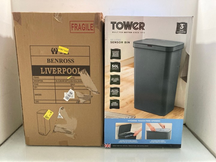 Lot 1296  
            Marchington SR15 - Parcel Delivery Only 

                
TOWER 50 LITRE SENSOR BIN TO INCLUDE 20 LITRE SLIMLINE SOFT CLOSE PEDAL BIN IN MA...